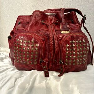 Frye “Brooke” Red Leather Studded Drawstring Bucket Bag